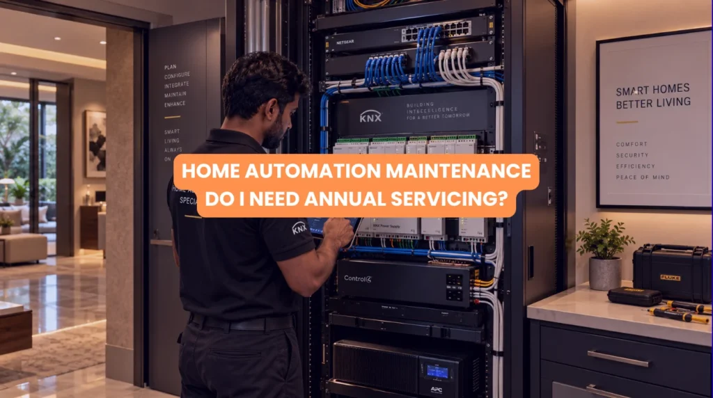 Professional automation technician performing home automation maintenance on a central AV rack in a luxury residence
