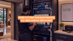 Professional automation technician performing home automation maintenance on a central AV rack in a luxury residence