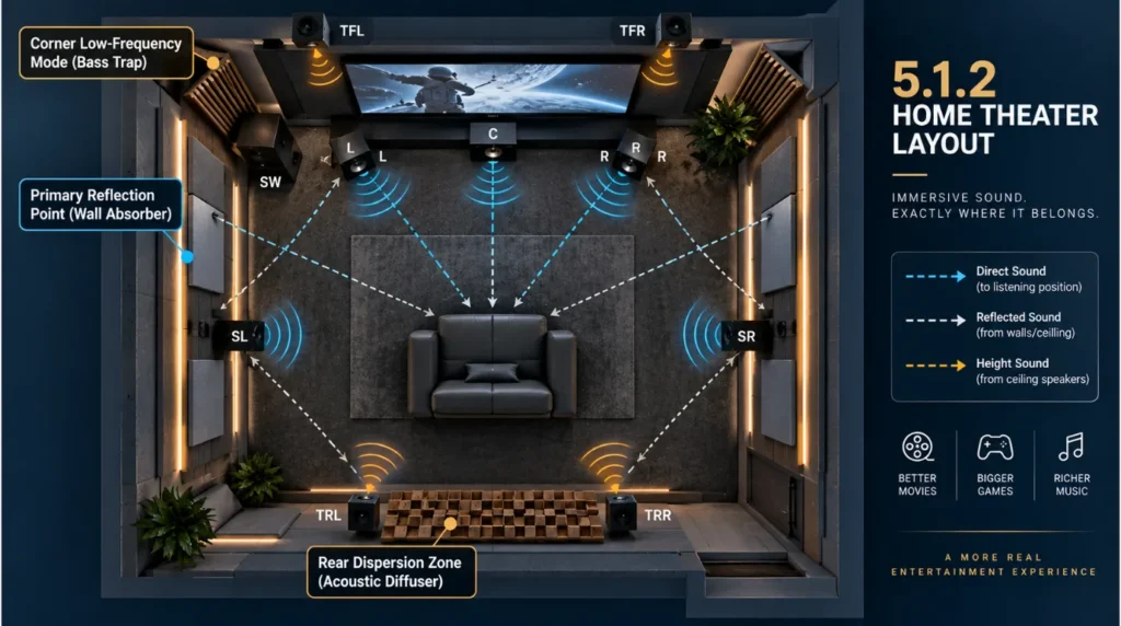 Top-down room layout illustrating primary reflection points and absorber panel positioning for room acoustics for home theater
