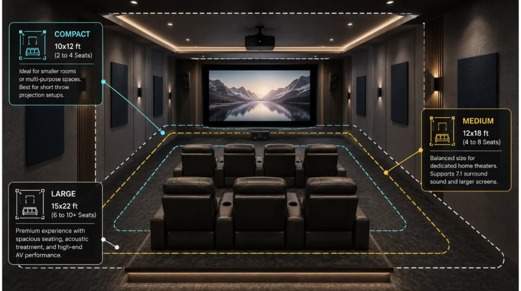 Educational architectural floor plan overlay breaking down small medium and large layouts for the ideal room size for a home theater