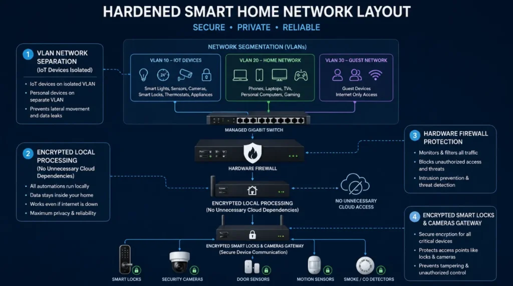 Educational network diagram showing VLAN segmentation and firewall protection explaining how is home automation safe