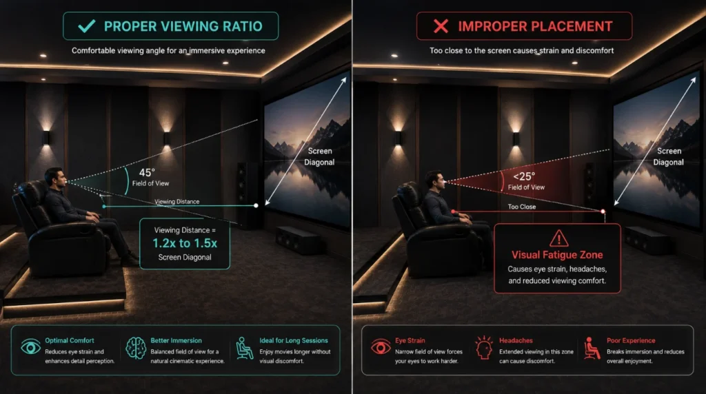 Side by side comparative graphic of correct screen size and seating distance calculation for the ideal room size for a home theater