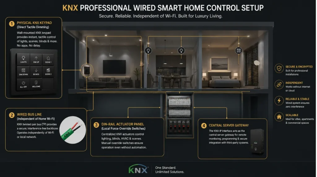 Labeled diagram showing KNX wired bus line connecting physical switches for smart switches for manual override in India