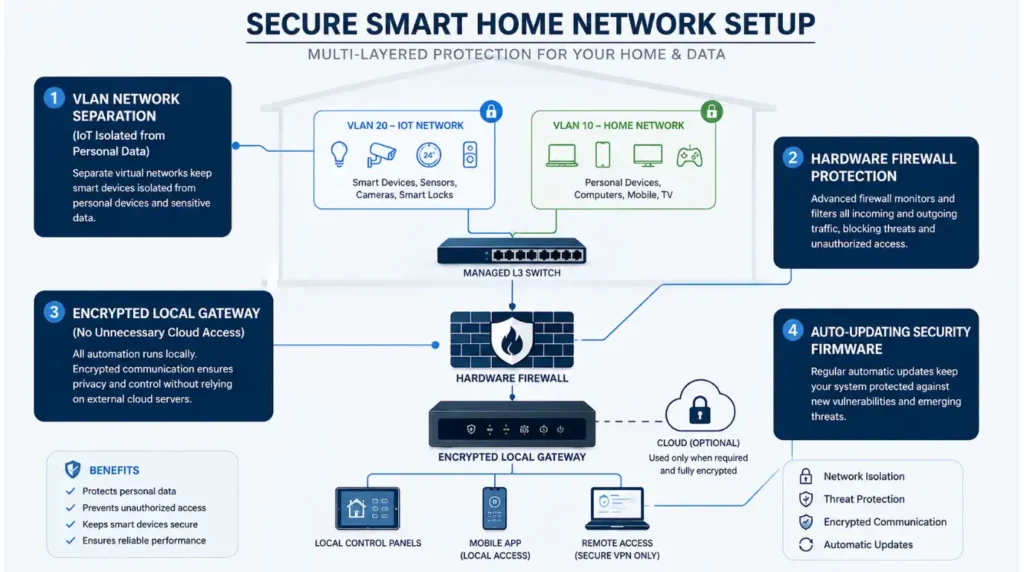 Labeled diagram displaying VLAN network separation and firewall protection overcoming the main disadvantages of home automation