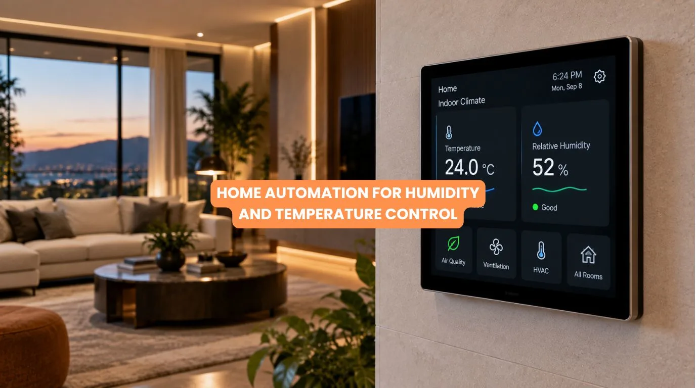 Home Automation for Humidity and Temperature Control wall mounted touch panel displaying room climate readings