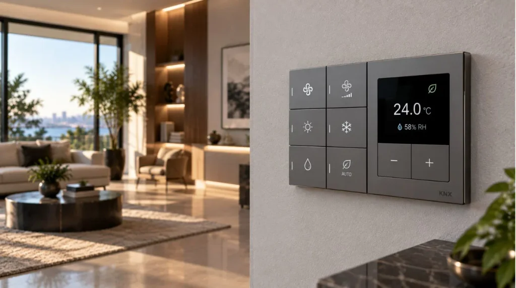 Home Automation for Humidity KNX smart thermostat wall switch with integrated climate control.
