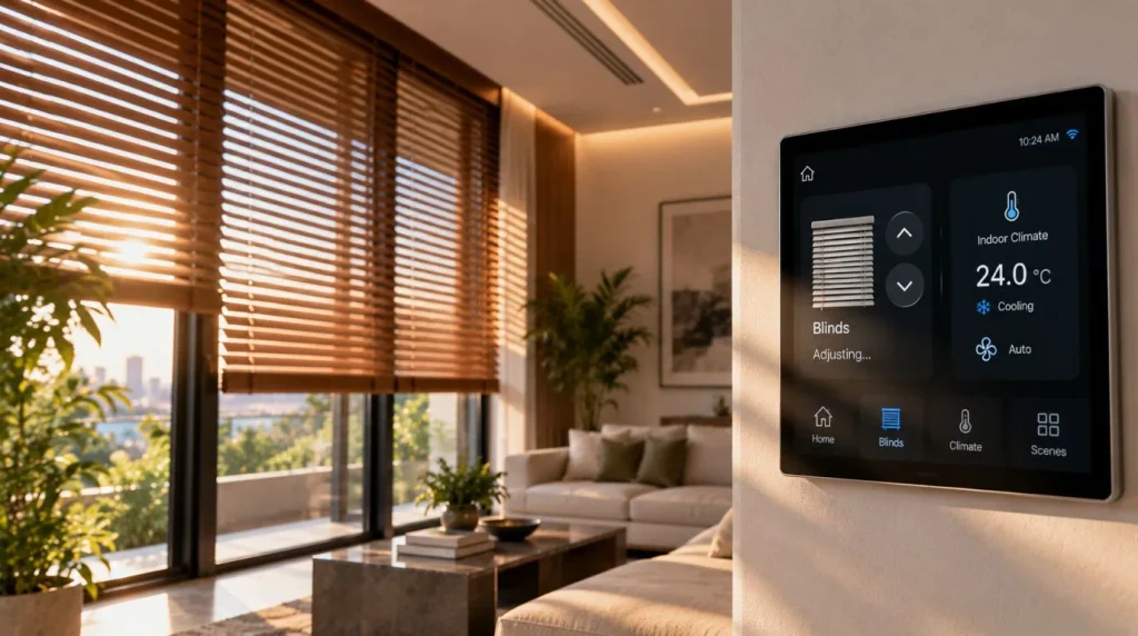 Home Automation for Humidity and climate control operating motorized window blinds to block solar heat.