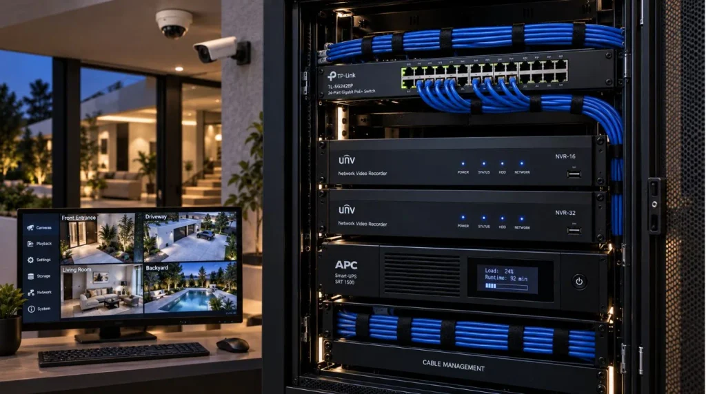 Home Automation Privacy - PoE security cameras connected to a local NVR system for secure footage storage.