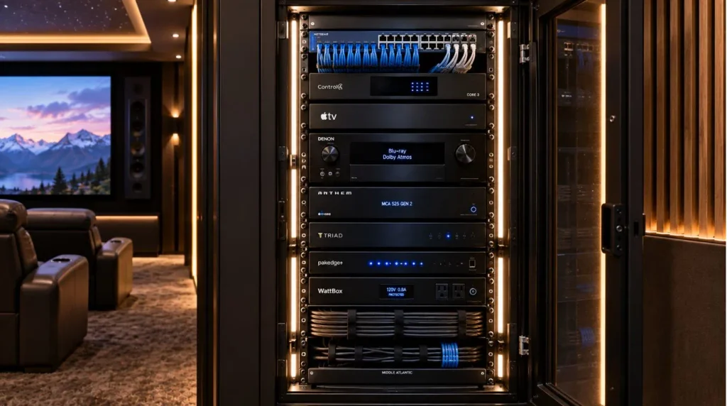 Home Theater Room Layout featuring a professionally organized and ventilated AV equipment rack.