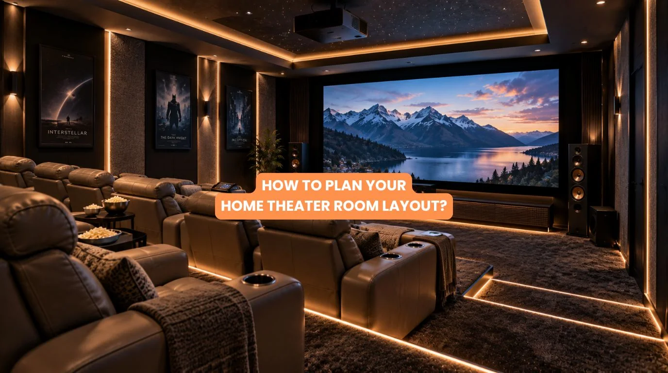 Home Theater Room Layout featuring tiered recliner seating, a large projection screen, and integrated acoustic wall paneling