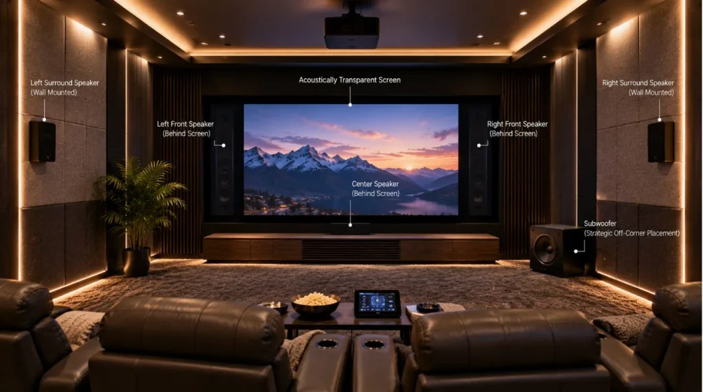 Home Theater Room Layout showing surround sound speaker and subwoofer positioning in a dedicated audio room.