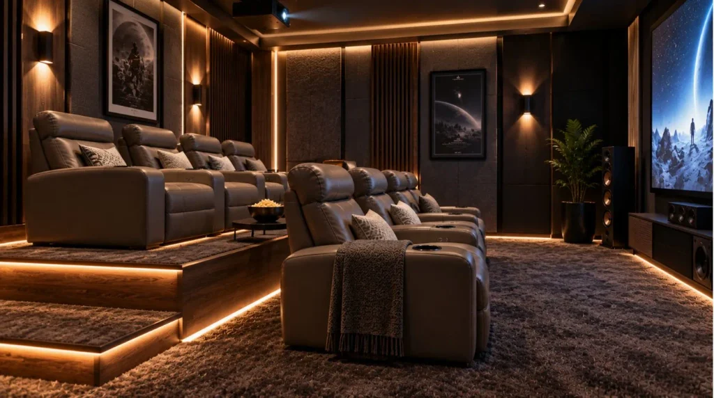 Home Theater Room Layout displaying two-tier recliner seating with custom platform risers.